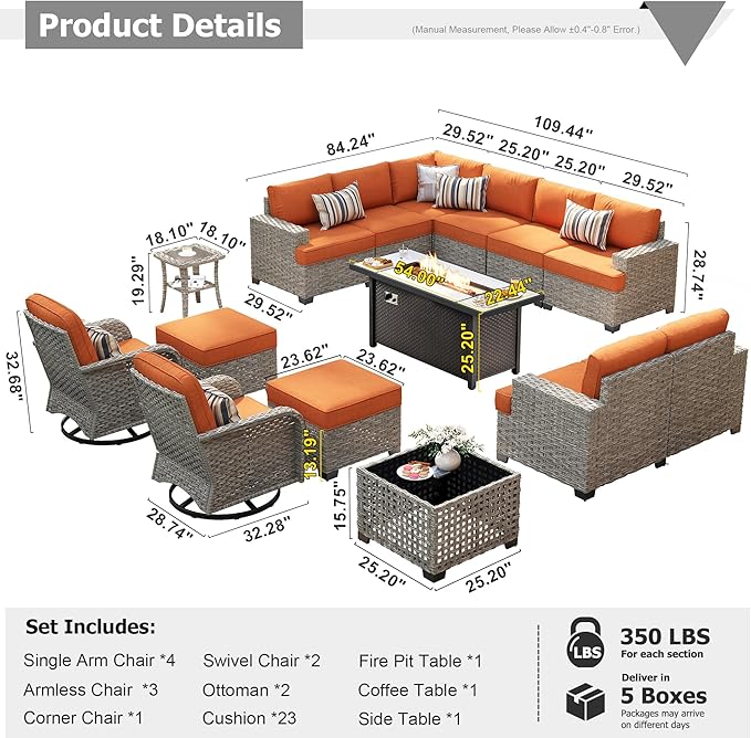 HOOOWOOO Outdoor Sectional Patio Furniture Set with Fire Pit Table,15 Pieces Wicker Conversation Sets L Shaped Couch,Extra Deep Out Door Sofa Outside Furniture with Swivel Chairs Ottomans,Brick Red