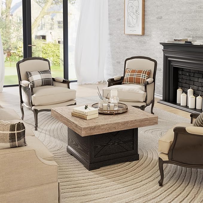 Coffee Table 31.5 in Rustic Center Table with X Design Wooden Pedestal for Living Room, Dark Oak Square Home Office Sofa Side Table for Small Space, Easy Assembly, Space-Saving