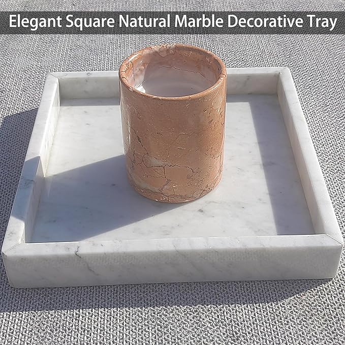 Luxury Square Marble Vanity Tray: Polished 8x8 Decorative Catch-All Tray for Bathroom Kitchen Dresser Makeup Home Organizer, White