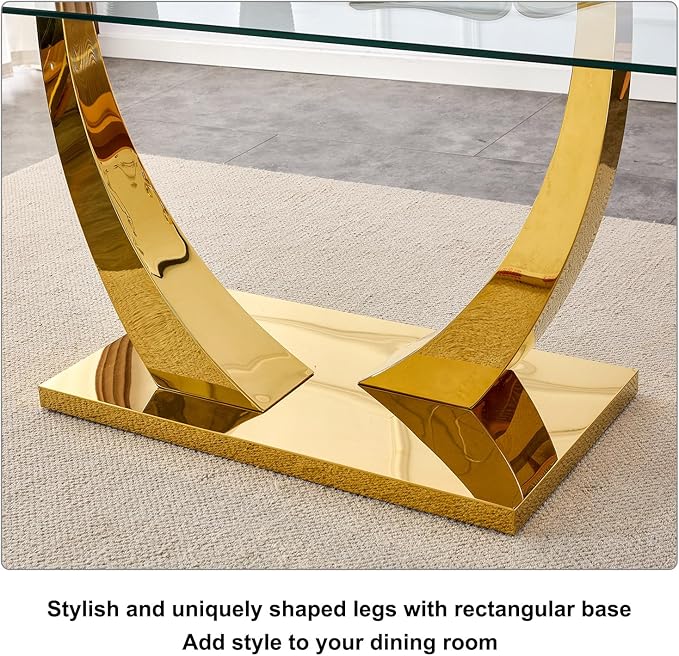 63” Glass Dining Table Set for 6,Gold Dining Room Table Set for 6,Modern Kitchen Table and PU Leather Chairs for 6, Dinner Table with Rectangle Tempered Glass Top and Golden Base