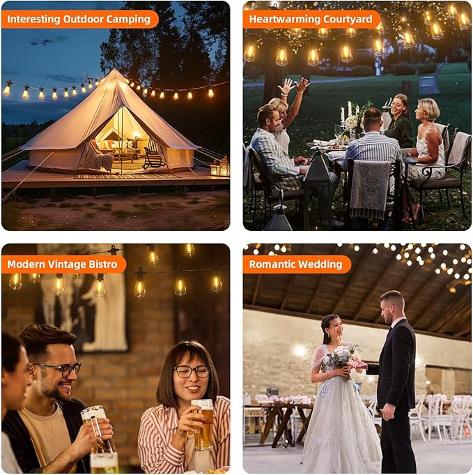 Kawaya Solar Powered String Lights for Outside: 100 FT LED Outdoor Patio Lights with USB-Charging - IP65 Waterproof Hanging Light - 50+2 Shatterproof Edison Bulbs for Bistro Cafe Camp Yard Balcony