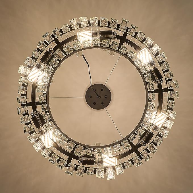 Round Crystal Chandeliers, D23.6 inch 12-Light Black Chandelier Lighting Fixture, Height Adjustable Pendant Ceiling Light for Living Room Dining Room Bedroom