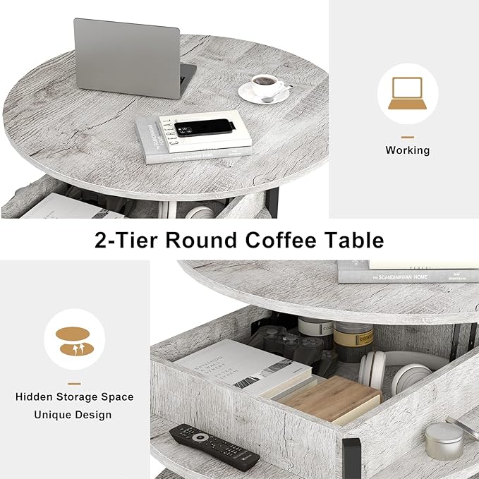 FABATO Round Lift Top Coffee Table, 35.43" Circle Coffee Table with Storage for Living Room Reception Room, Farmhouse 2 Tier Large Round Dining Table, Wood, Gray