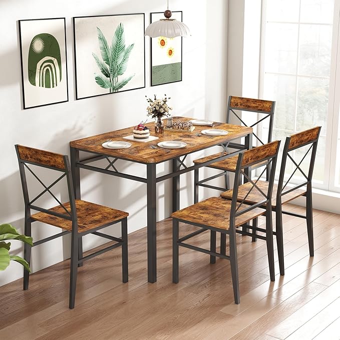 Dining Table Set for 4, 5-Piece Dining Table Set, Kitchen Table Chairs Set of 4, Rectangular Kitchen Table Set with 4 Curved Backrest Chairs, for Small Spaces & Apartment-Brown