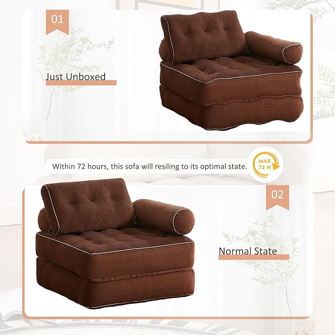 Plus Futon Sofa Bed for Small Spaces, Floor Couch with Armrest, Folding Sofa Couch, Convertible Sleeper Chair Bed with Pillow, Portable Comfy Floor Lounge for Living Room and Bedroom, Brown