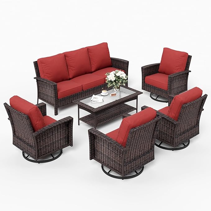 Patio Furniture Set with Swivel Chairs, High Back Wicker Rattan Furniture with Extra Thick Cushion and Coffee Table, Outdoor Conversation Set for Garden Backyard Deck,7 Seats Red