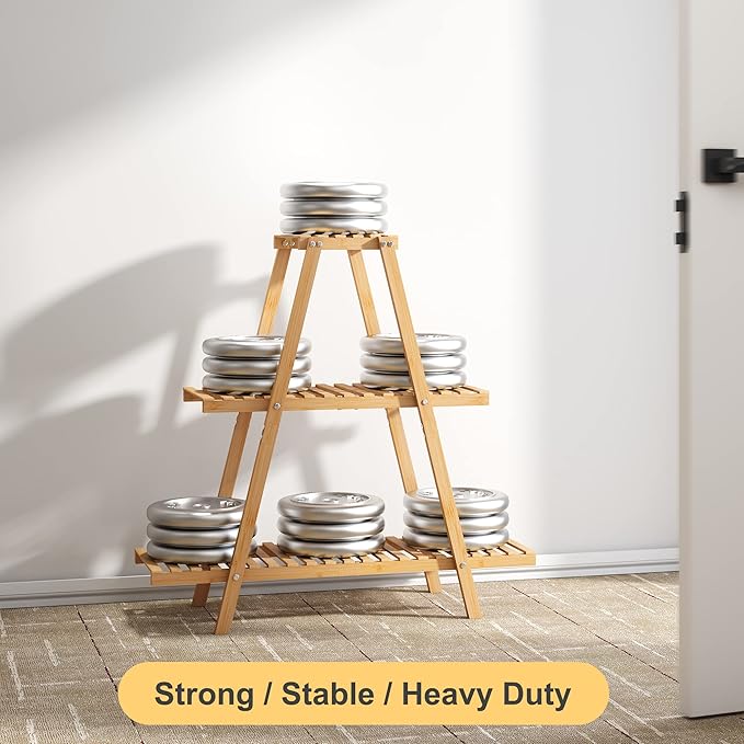 Bamboo Plant Stand - Indoor/Outdoor 3 Tier Plant Ladder, 8 Potted Flower Holder, Natural