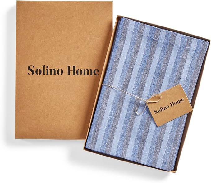 Solino Home Linen Napkins Set of 4-100% Pure Linen Amalfi Stripe Bistro Blue Cloth Dinner Napkins 20 x 20 Inch - Handcrafted and Machine Washable