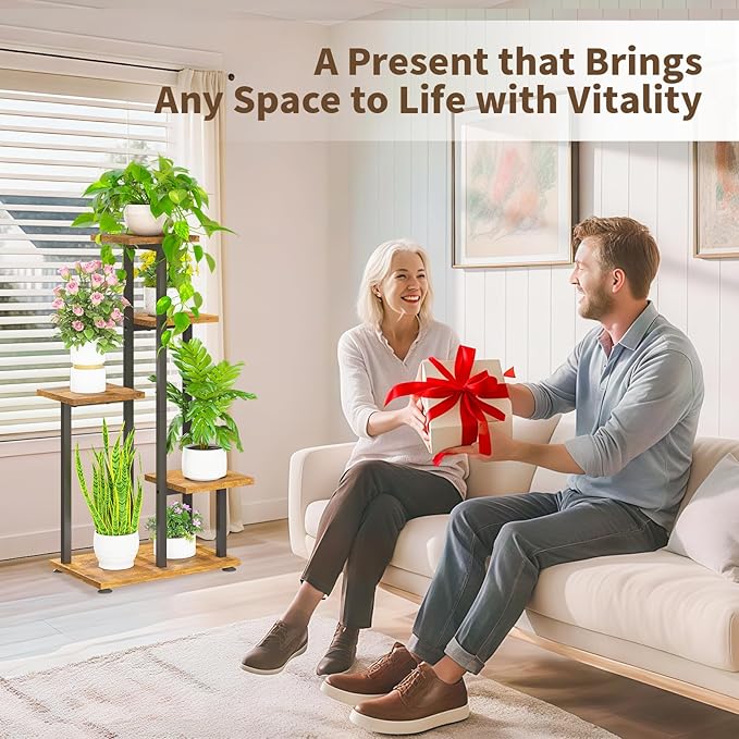 LASZOLA Black 5 Tiered Wood Plant Stand Indoor for Large Heavy Duty Planter, Sturdy Multi Level Corner Vertical Flower Rack for Narrow House, Rustic Tall Orchid Shelving Holder for Decor, Space Saving