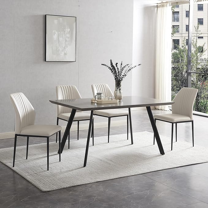 ZckyCine Modern 5-Piece Kitchen Table Set Rectangular Wood Dining Table with 4 Upholstered Leather Chairs (46.5" Table + 4 White Chairs)