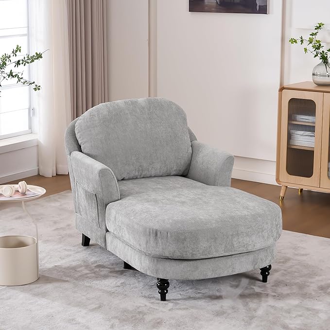Chaise Lounge Chair Indoor, 59.8" Oversized Couch Reading Chairs,Chenille Comfortable Deep Sleeping Single Sofa, Upholstered Modern Couch Sofa Bed for Living Room, Bedroom & Apartment (Grey)