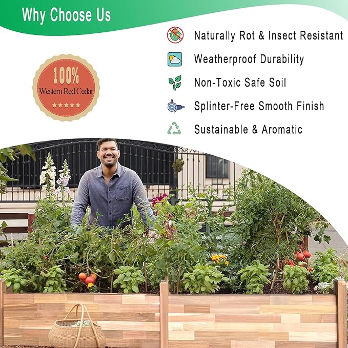 Western Red Cedar Raised Garden Bed Kit (8ft L x 2ft W x 9in H), Wood Planter Box with Garden Netting, Shade Cloth and Greenhouse Plastic Sheeting for Growing Herbs, Vegetables, Flowers