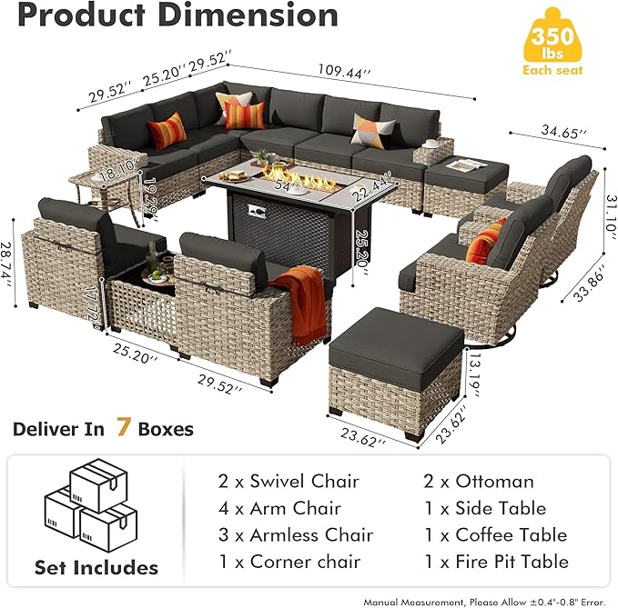 HOOOWOOO Outdoor Sectional Patio Furniture Set with Fire Pit Table,15 Pieces Wicker Conversation Sets L Shaped Couch,Extra Deep Out Door Sofa Outside Furniture with Swivel Chairs Ottomans,Black