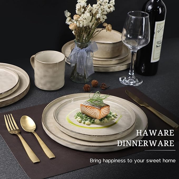 HaWare Dinnerware Sets, 16-Piece Stoneware Plates and Bowls Set, Dish Set for 4, Elegant Ceramic Dishware for Home Restaurant, Chip and Scratch Resistant, Microwave and Dishwasher Safe, Saturn Khaki