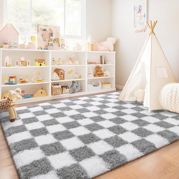 Checkered Rug for Living Room 6x9, Ultra Fluffy Fuzzy Shag Large Area Rug for Bedroom, Modern Plush Soft Upgrade Non-Slip Carpet for Kids Girls and Boys Room Dorm Home Decor, White and Grey