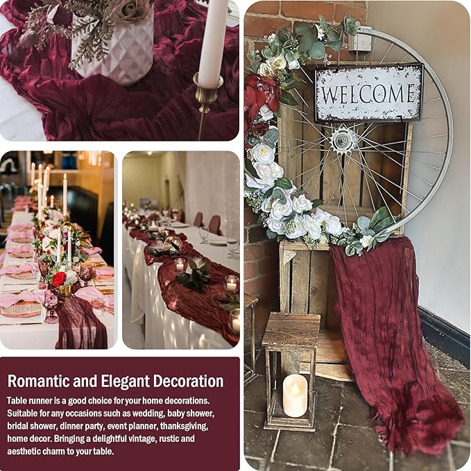 8 Pack 10 ft Burgundy Cheesecloth Table Runner 35x120 Inches Boho Gauze Rustic Cheese Cloth Runners Long Romantic Sheer Table Runner for Wedding Bridal Shower Party Christmas Birthday Decor