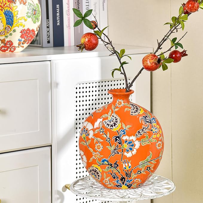Sungmor High-Class Enamel Painted Porcelain Vase, Traditional Hand-Carved Overglaze Color Ceramic Vase for Fresh Flowers Dried Plants Arrangement, Decorative Vase for Centerpieces, Shelf, Living Room