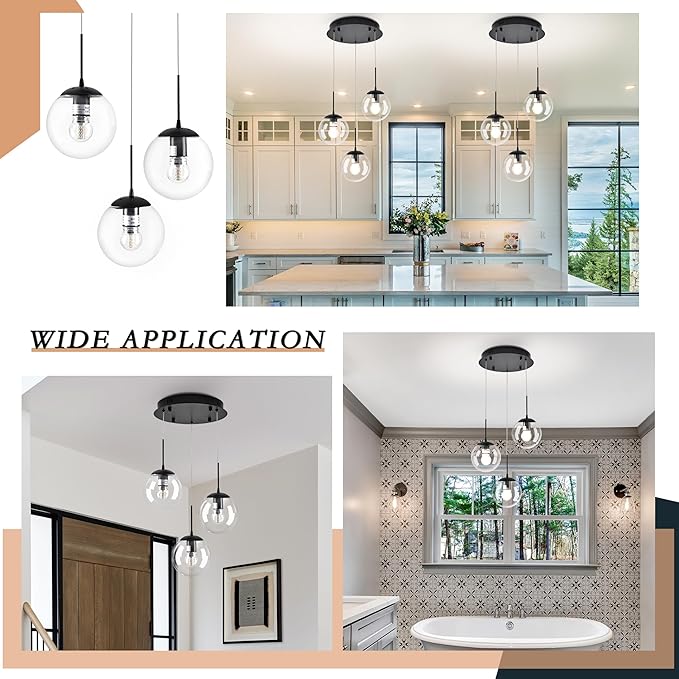 KoKo&Yukina 3-Light Globe Glass Pendant Light Modern Black Clear Globe Glass Chandelier Adjustable Length Pendant Lights Fixtures High Ceiling Light for Kitchen Island Foyer (Bulb & Remote Incl.)