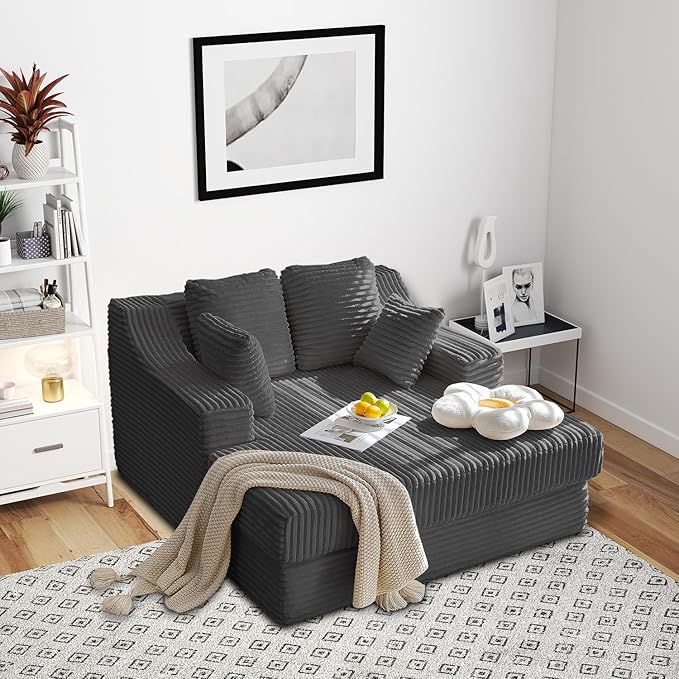55 Inch Chaise Lounge Indoor - Oversized Chaise Lounge with 4 Throw Pillows and Armrets, Upholstered Plush Sofa Bed, Corduroy Lazy Chair Bed, Sleeper Chair for Living Room or Bedroom, Gray