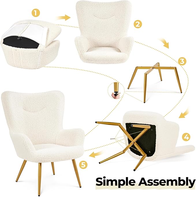 Yaheetech Boucle Accent Chair and Ottoman Set, Sherpa Armchair with Golden Metal Legs, High Back Reading Chair and Footstool for Living Room, Bedroom, Lounge, Ivory