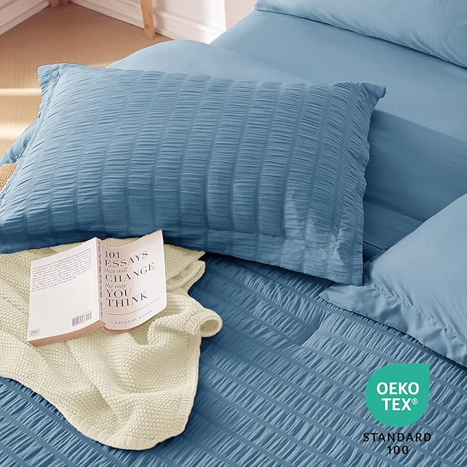 MUXHOMO 7 Pieces Full Comforter Set, Seersucker Bed in a Bag Full Size, All Season Luxury Bedding Set with Comforter, Flat Sheet, Fitted Sheet, Pillowcases & Shams, Mineral Blue