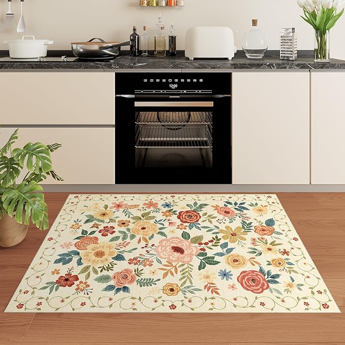 DUKINO 4x6 Area Rug, Lightweight Non Slip Washable Floral Rug, Indoor Low Pile & Non-Shedding Boho Design Rugs for Bedroom, Living Room, Dining Room, Beige Yellow