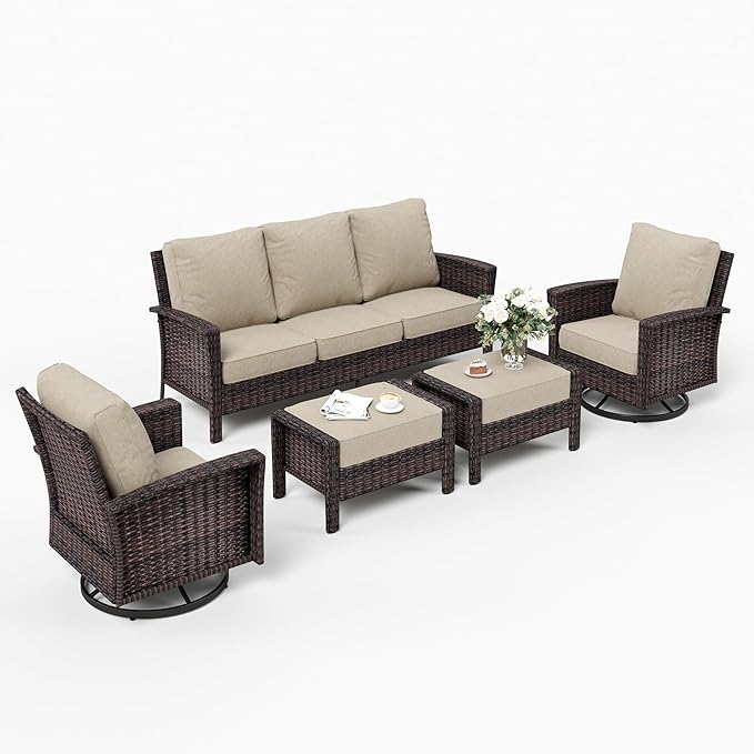 5 Pieces Patio Furniture Set with Swivel Chairs, High Back Wicker Rattan Sofa with Extra Thick Cushion and Ottoman, Outdoor Conversation Set for Garden Backyard Deck,Beige