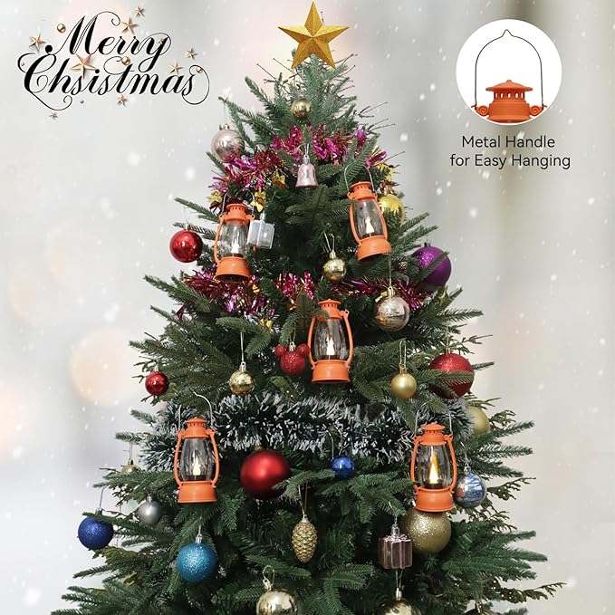 12-Pcs Orange Mini Lanterns Decorative for Halloween Thanksgiving, Fall Centerpiece for Table, Small Western Lantern with Flicker LED Candle for Cowboy Camping Christmas Wedding Decorations