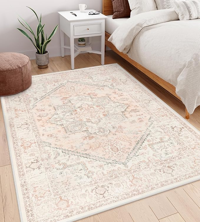 LIVEBOX Pink Area Rug 5x7 - Soft Rugs for Bedroom, Non-Slip Pink Rugs for Bedroom Girls, Vintage Washable Cute Aesthetic Rug for Nursery Dining Room, Retro Print Distressed Accent Carpet for Apartment