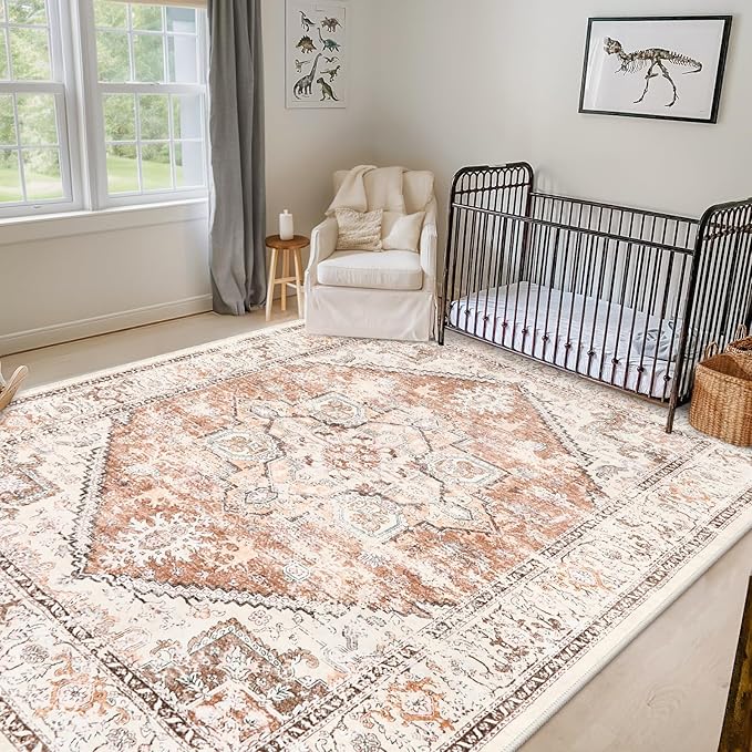 LIVEBOX 8x10 Area Rug for Living Room, Washable Orange Boho Rug, Soft Non-Slip, Low-Pile Vintage Medallion, Retro Faux Wool for Dining Room, Bedroom, Office