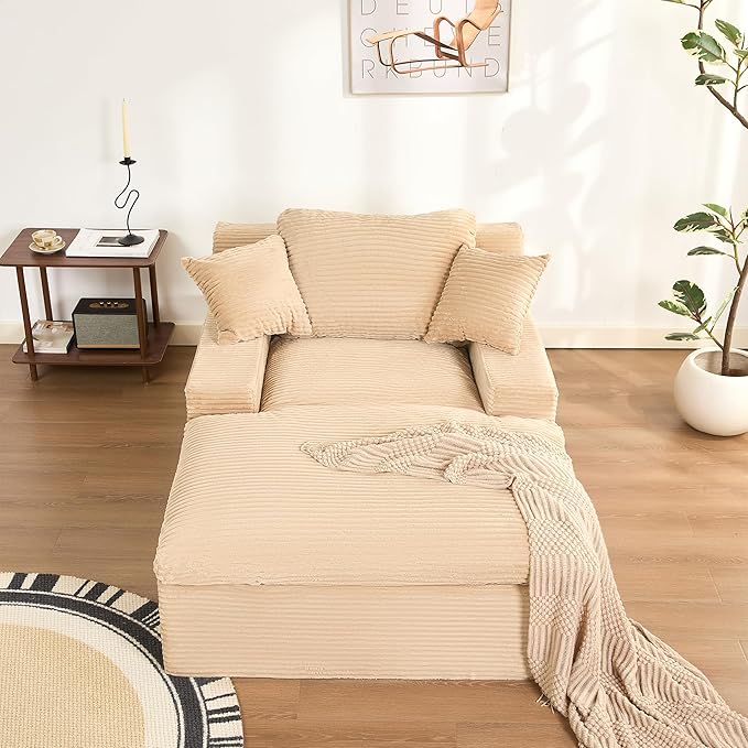 63" Oversized Chaise Lounge Chair Indoor, Extra Cloud Layer, Convertible Sleeper Sofa Couch with Removable Pillows & Side Pockets, Corduroy Upholstered Sofa Bed with Armrests for Living Room, Camel