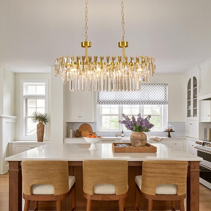 Rectangular Crystal Chandelier for Dining Room - L31.5'' Modern Gold Long Linear Chandelie,Luxury 3 Tier Raindrop K9 Crystals Oval Chandeliers for Living Room,Pendant Ceiling Light for Kitchen Island