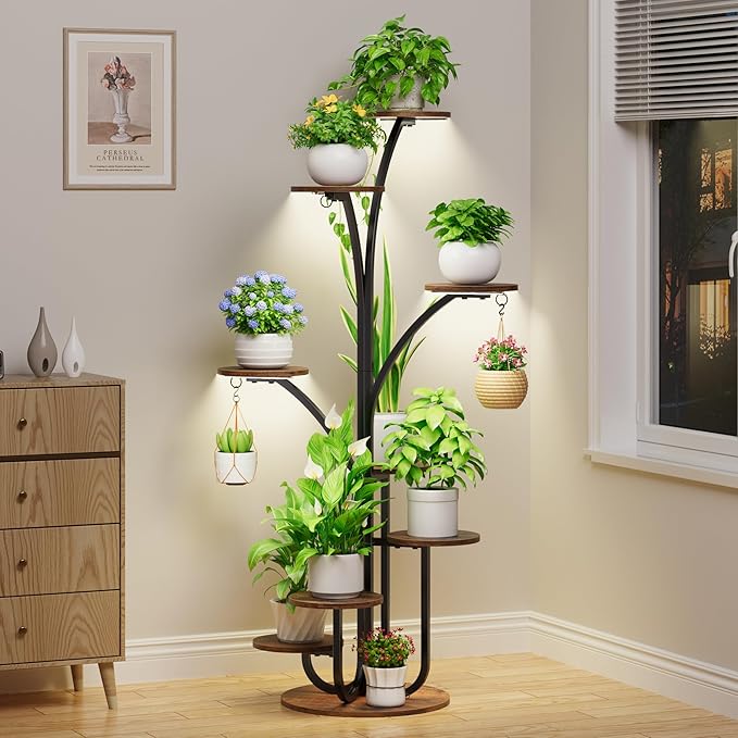 Plant Stand Indoor with Grow Lights, 8 Tier Tall Display Shelf for Cute Indoor Plants, 60" Tree-Shape Display Rack, Corner Plant Flower Pot Holder for Living Room, Patio, Balcony, Home Decor