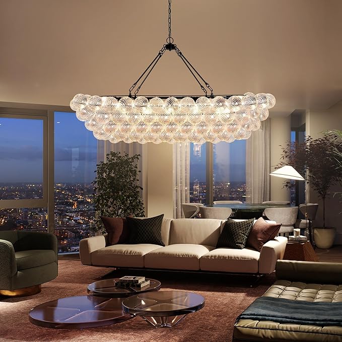 Modern Glass Chandelier Luxury Bubble Chandelier Black Clear Blown Glass Large Pendant Light for Dining Room, Living Room, Foyer, Staircase Dia 55"