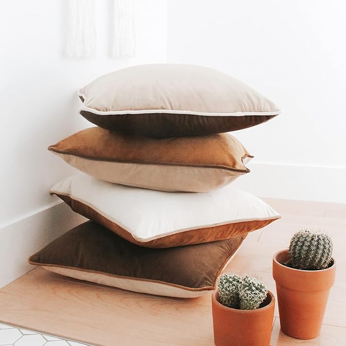 MONDAY MOOSE Decorative Throw Pillow Covers Cushion Cases, Set of 4 Soft Velvet Modern Double-Sided Designs, Mix and Match for Home Decor, Pillow Inserts Not Included (20x20 inch, Brown/Beige)