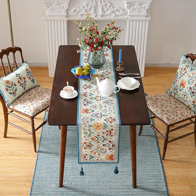 ISAENNE Designer Bohemian Elegant Linen Extra Long Table Runner 118 Inches,Colorful Flower Pattern Table Runners for Dining Tables,Thanksgiving,Kitchen Tables,Christmas,12"*118"-Floralsea A