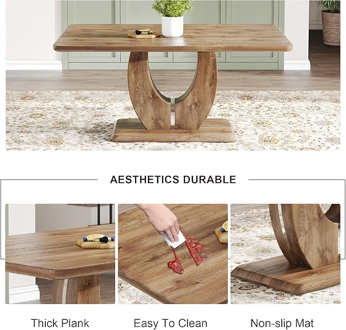 Wooden Dining Table, 63” Rectangular Kitchen Table with Modern Pedestal Base, Rustic Wood Finish, 30” Tall Dining Room Table for Family, Living Room, Restaurant