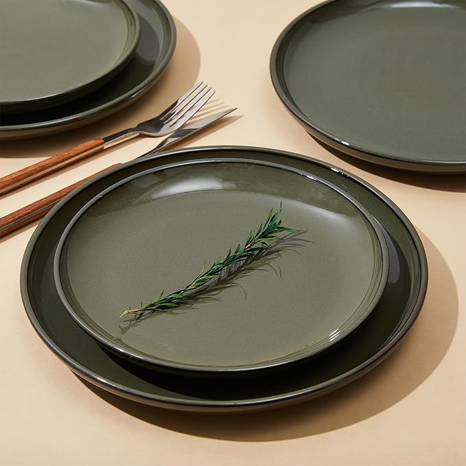 16 Piece Double Bowl Dinnerware Sets with Pasta Bowls, Highly Chip and Crack Resistant Plates and Bowls Sets, Natural Earthyware Ceramic Dishware Sets, Service for 4 Blackish Green