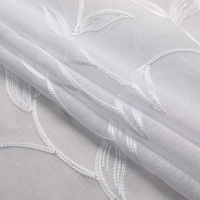 VISIONTEX Sheer Curtains 120 inch Length 2 Panels Set, White Voile Crushed Vine Leaves Embroidery, Rod Pocket Embroidered Window Drapes for Living Room and Bedroom, 54" x 120"