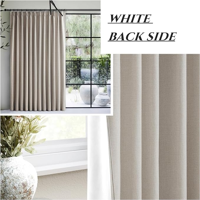 Primitive Curtain 112 Inch Long 2 Panels Burg,Pinch Pleated Cream Linen Blended Floor Length to Ceiling Traverse Curtains for Living Room Large Blackout Drapes Sun Blocking Window
