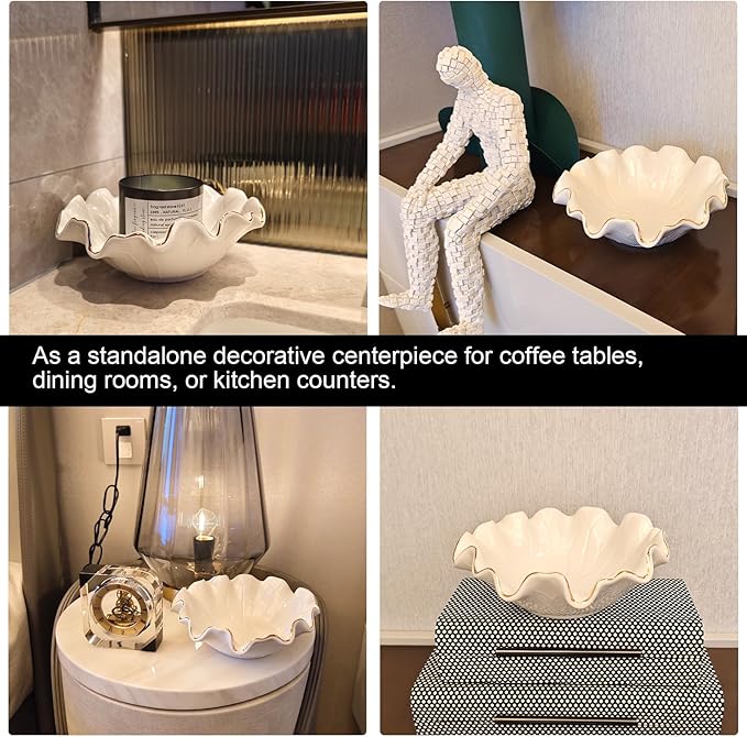 Small White Lotus Ceramic Decorative Bowl,Ruffle Lotus Leaf Decor Bowl with Gold Trim for Coffee Table Counter,Beautifully Catch All Bowl for Keys Coins near Entryways,Capacity about 2 Cups