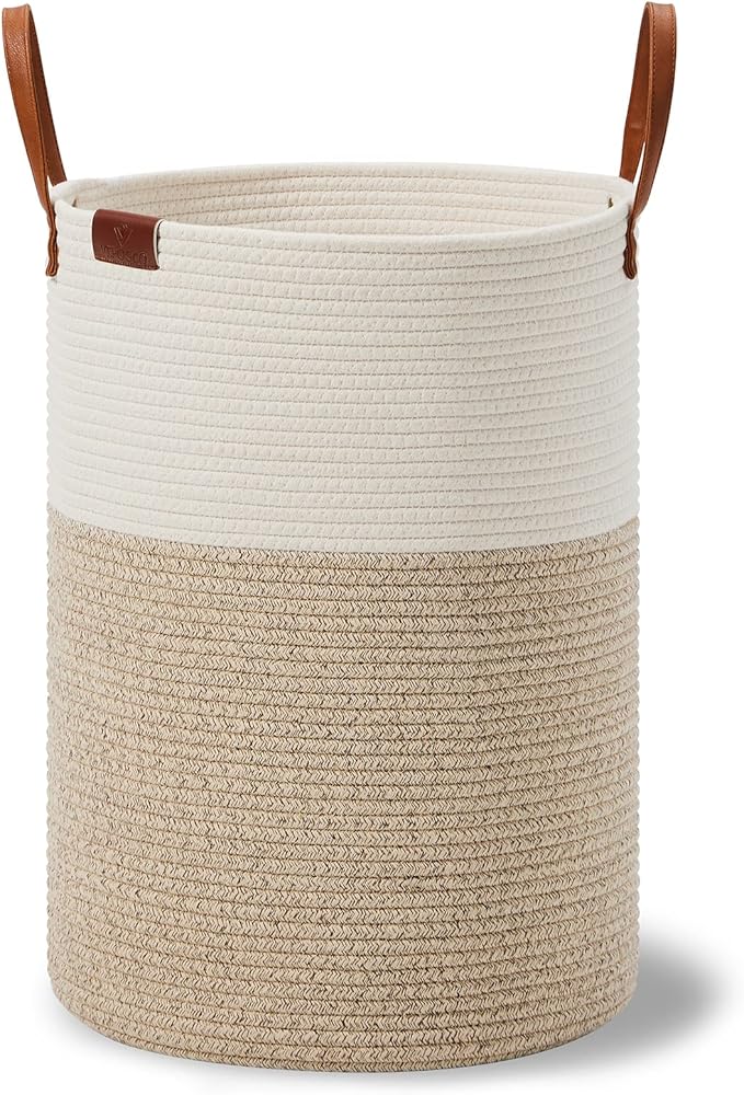 VIPOSCO Small Laundry Basket, Slim Baby Hamper with Leather Handle, Cute Woven Rope Storage Basket for Blanket, Kids Toy, Clothes In Living Room, Bathroom, Bedroom, Nursery Room - 30L White & Brown