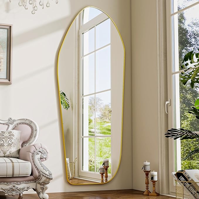 BEAUTYPEAK Irregular Full Length Mirror - 67x24 Inch Gold Framed Modern Mirrors, Unique Shape Vanity Wall Mirror for Living Room Bedroom Entryway Hallway