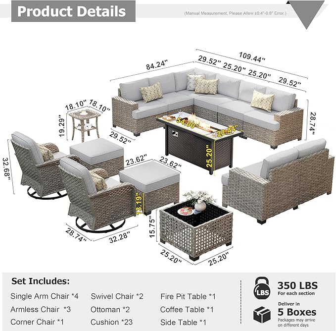 HOOOWOOO Outdoor Sectional Patio Furniture Set with Fire Pit Table,15 Pieces Wicker Conversation Sets L Shaped Couch,Extra Deep Out Door Sofa Outside Furniture with Swivel Chairs Ottomans,Light Gray