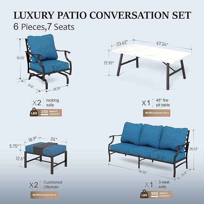 HERA'S HOUSE 6 Piece Patio Furniture Set, 2 x Rocking Cushioned Chair, 2 x Cushioned Ottoman, 1 x 3-Seat Sofa with Marbling Coffee Table, Outdoor Conversation Set for Lawn Backyard, Pacific Blue