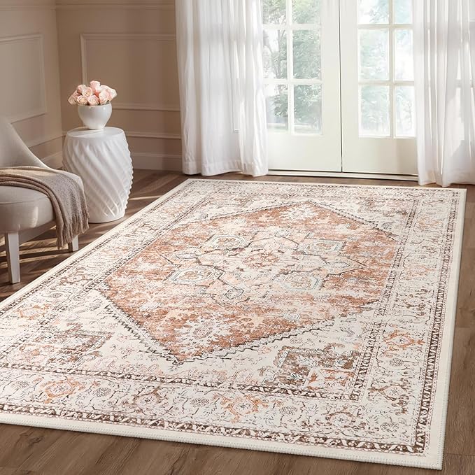 LIVEBOX 5x7 Area Rugs for Living Room, Washable Nursery Orange Boho Rug Soft Non-Slip, Low-Pile Vintage Medallion, Retro Faux Wool for Dining Room, Bedroom, Office