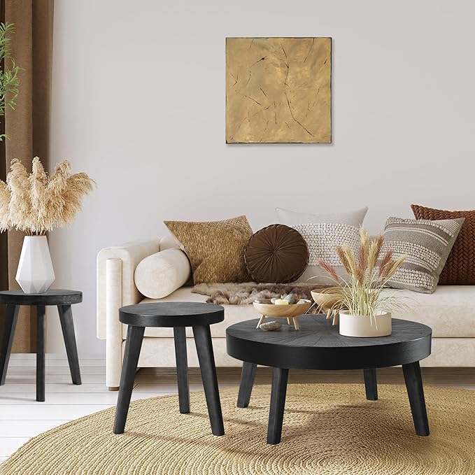 Farmhouse Round Coffee Table Set of 3, Black Sofa Side Nesting Tables End Table Set with Wood Natural Finish for Living Room, Bedroom, Home Office, Conference