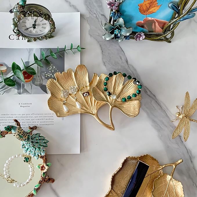 Metal Jewelry Dish, Small Leaf Shaped Ring Holder Jewelry Organizer, Trinket Dish Vanity Tray for Dresser Christmas Birthday Wedding Gifts 2-Tier Ginkgo(Large)-gold