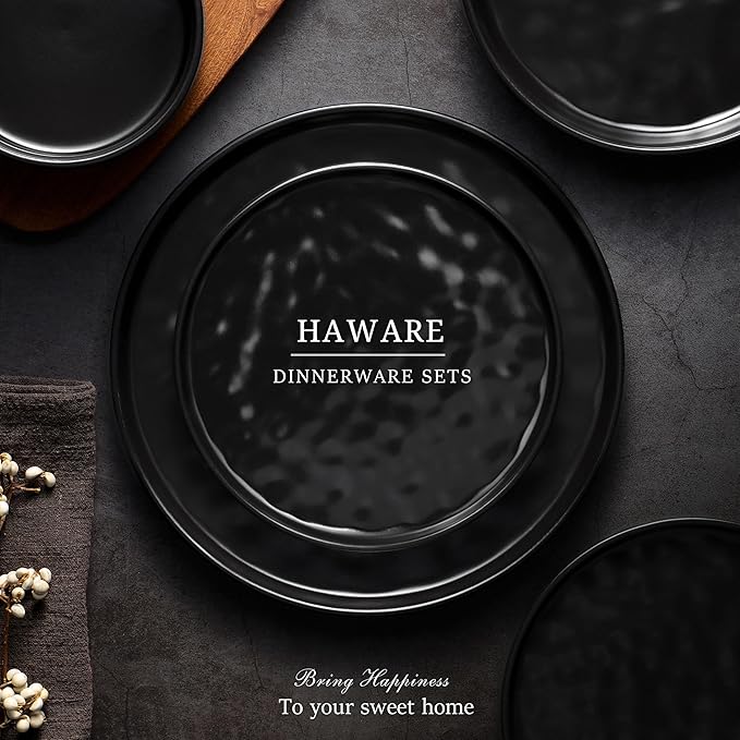 HaWare Dinnerware Sets, 12-Piece Plates and Bowls Set, Stoneware Dish Set for 4, Ceramic Dinnerware for Home Restaurant, Chip and Scratch Resistant, Microwave and Dishwasher Safe, Matte Black