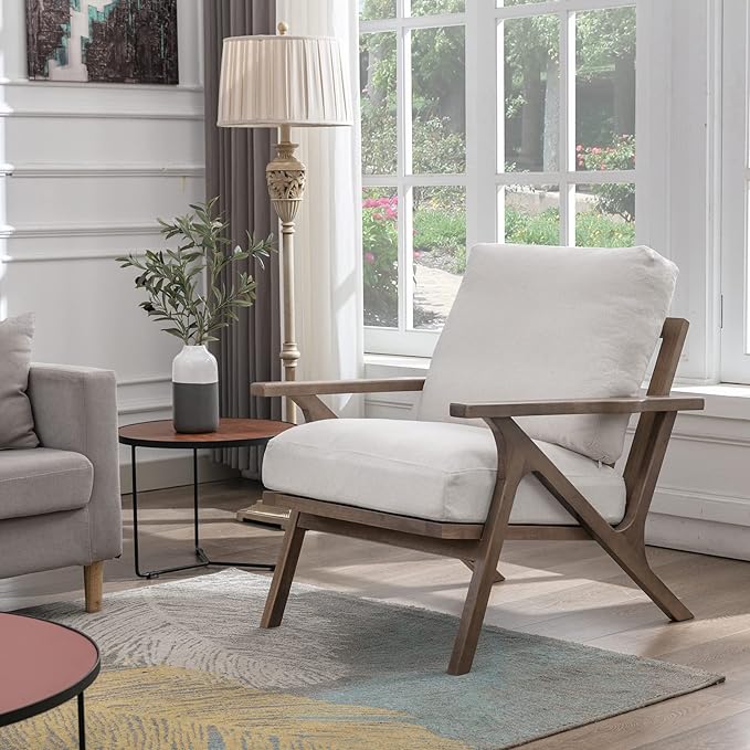 ZHENGHAO Accent Chair with Ottoman, Mid Century Modern Lounge Chair with footrest, Comfy Fabric Armchair Upholstered Living Room Chair for Reading/Bedroom/Small Space, White